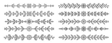 Çizgi ve dış hat çiçek ayırıcı sınırları. Vektör dekoratif, zarif, çiçek desenli, tek renkli çiçekler, yapraklar ve sarmaşıklar. Düğün davetiyeleri için süslemeler ve dekorasyon