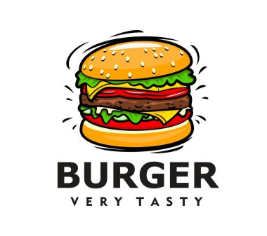 Fast food lezzetli hamburger ikonu ya da sembol. Susamlı, salatalı, biftekli ve peynirli karikatür vektör burger. Paket servis, Amerikan çizburger, fast food menü hamburger ikonu.