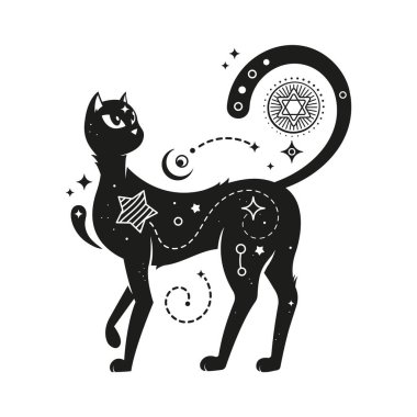 Kara büyü kedisi ya da cadı hayvan mistik boho sanatı ve gök sembolleri, çizgi film vektörü. Astroloji, okült ve cadılık işaretleri olan sihirli kara kedi gizem veya simya ve esrarengiz karakter
