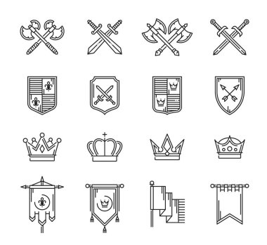 Heraldry marka simgeler, taçlar ve çapraz silahlar, kalkanlar ve flamalar. Vektör ana hatları kraliyet hanedan kalkanları ve çizgili bayraklar taçlar, kılıçlar ve oklar, baltalar ve kurdeleler, arma simgeleri