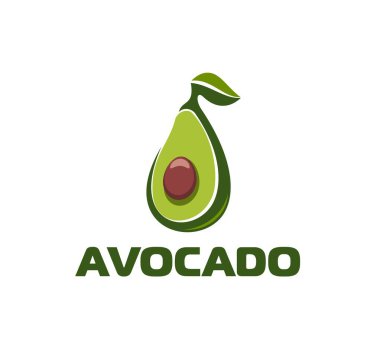 Sağlıklı yiyecek, yeşil avokado şirketi ikonu. Tarım markası avokado izole vektör amblemi, vegan gıda deposu meyvesi tabelası. Organik tarım avokado ikonu veya bitki temelli doğal ürün şirketi sembolü