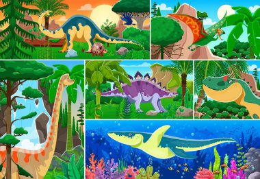 Prehistoric dinosaur characters collage with vector dinos and ancient sea water reptile. Cartoon brachiosaurus, kronosaurus, dravidosaurus and tapejara dinosaurs at prehistoric nature background