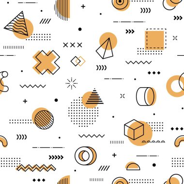 Hipster Memphis soyut geometrik şekilli kusursuz bir arka plan. Vektör modayı tekrarlayan süs, yaratıcı duvar kağıdı ya da baskı. Altın, siyah ve beyaz renkli figürlere sahip klasik fayanslar.