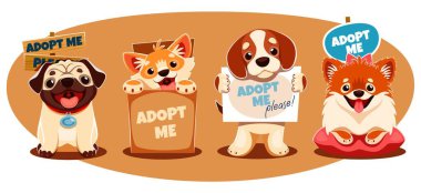 Bir köpek farkındalık sahnesini çizgi filmdeki köpek yavrusu karakterlerin imza ve boks için yardım istemeleri ile kabul edin. Hayvan evlat edinme tanıtımı. Köpeği, köpeği ve Pomeranian 'ı, başıboş hayvanları kurtarma temalı.