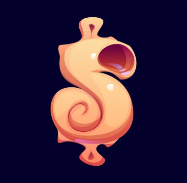 Sea seashell cartoon font punctuation dollar currency symbol. Ocean conch English typeset symbol, coral reef mussel vector typeface sign. Seashell English alphabet font element or kids ABC type mark