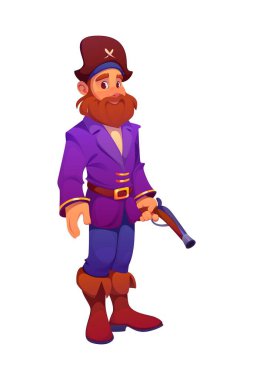 Karikatür ortaçağ korsanı ve sakallı, tabanca tutan korsan karakteri. Tricorn şapka, uzun palto ve çizme giyen vektör komedyen. Parlak ve komik kabadayı.