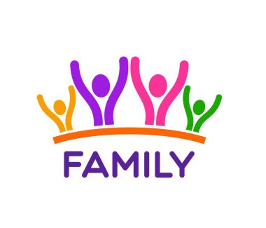 Aile ikonu, birlik, beraberlik ve neşeli bağlantıyı temsil eden elleri havada renkli soyut figürlere sahiptir. Vektör amblemi, aile bakımı veya hizmetlerine duyulan sevgi, ilgi ve sevgiyi gösteriyor