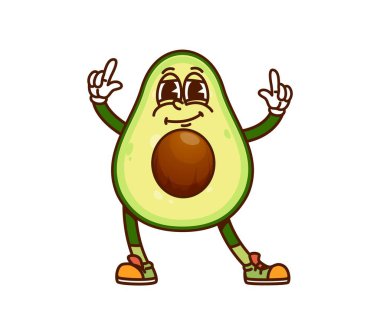 Tohumlu, hoş karakterli, avokado dansı yapan bir kadın. Sağlıklı diyet avokado neşeli vintage izole vektör karakteri, tarım ürünü hippi çizgi film karakteri. Tropik meyve komik maskotu