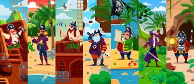 Çizgi film korsanı ya da korsan denizci karakterleri denizcilik sahneleriyle kolaj yapıyor. Vektör fantezi gezginleri ve kaptanlar tropikal adada hazine avına çıkıp eğlenceli deniz hikayelerinin ruhunu yakalıyorlar.