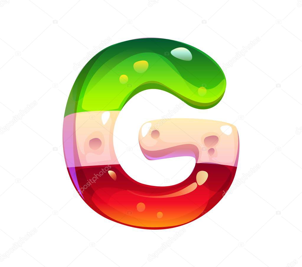 Candy font of gummy jelly letter for sweet dessert type and confectionery typeface, vector English alphabet. Candy font letter G as jelly marmalade or caramel lollipop and gummy jelly dessert