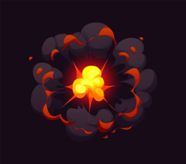 Bomba patlaması, ateş patlaması, karikatür ateşi ve duman bombası bulutu. Hava saldırısı, vektör komedi efektini vurdu. Bomba ya da el bombası patlaması. Enerji patlaması. Ateş ve dumanla birlikte.