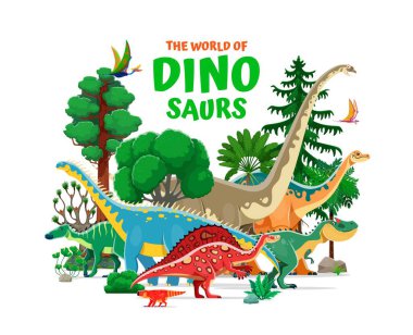 Tarih öncesi dinozorlar komik karakterler çizerler. Tarih öncesi sürüngenler vektör kavramı veya Oranosaurus, bagaceratops, omeisaurus ve barapasaurus, allosaurus komik kişilikler, orman bitkileri