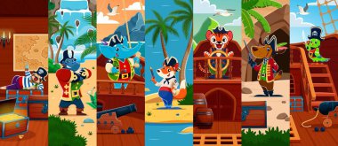 Çizgi film komik hayvan korsanları veya korsan karakterler kolajı. Neşeli tembel hayvan, goril, fil ve komik tilki, kaplan, köpek ve papağan korsan kaptan, hazine avlayan denizci vektör.