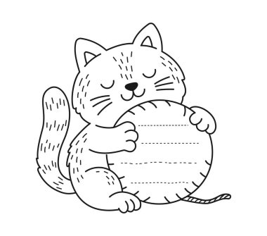 Kedi ya da kedi yavrusu neşeli çocuklar not şablonu. Mutlu kedi yavruları hatıra defteri vektör sayfası, çocukların günlük şablonu. Komik hayvan notu ya da iplik topuyla oynayan kediyle yapılacaklar listesi