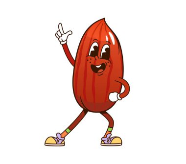 Karikatür, badem, fındık dansı, komik karakter. Vejetaryen diyeti ve sağlıklı beslenme ürünü izole edilmiş hoş vektör kişiliği. Badem fıstığı neşeli retro maskot ya da komik karakter