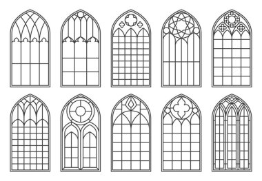 Gotik kilise pencereleri ve ortaçağ kale kemerleri. İzole edilmiş siyah çizgili siluetler ayarlandı. Klasik vitray çerçeveler katedral iç mimari, geleneksel Avrupa mimari unsurları