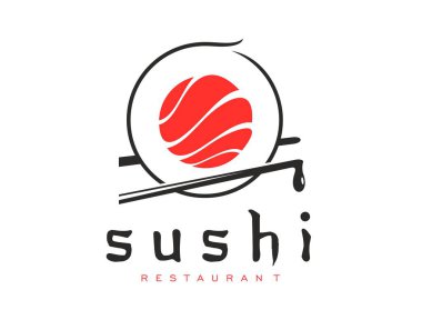 Asya mutfağı, somonlu Japon suşi restoranı ikonu. Japon deniz ürünleri kafe yemeği, Asya restoranı veya suşi bar vektör amblemi veya sembol. Somon, çubuk ve soslu suşi.