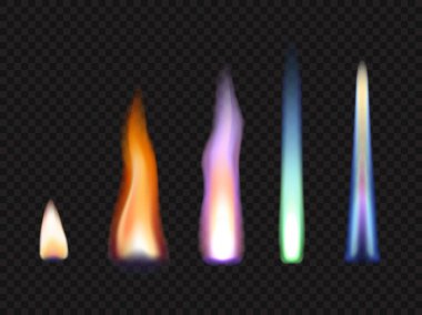 Gaz ve çinko alevleri, potasyum, stronsiyum ve sodyum, gerçekçi vektör. Doğal gaz veya kimyasal elementlerin yanan alevleri ve ışık parıltısı ya da şeffaf enerji alevi etkisi