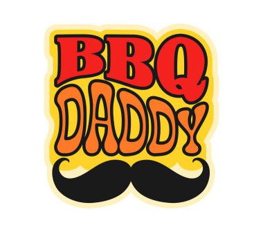 Barbekü babası, barbekü mangalı retro 2000 çıkartması ya da etiket. Restoran ızgara menüsü, komik vektör etiketi, kasap pazarı barbekü yiyecek etiketi. Kıvırcık bıyıklı barbekü yaması ve renkli yazı tipografisi