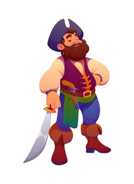 Çizgi film korsan gemisi karakteri ya da kılıçlı ve tüfekli korsan gemisi karakteri, vektör kişiliği. Karayipli korsan ya da korsan yelkenli ustası ve kaptan Tricorne şapkalı, kılıçlı bir denizci.