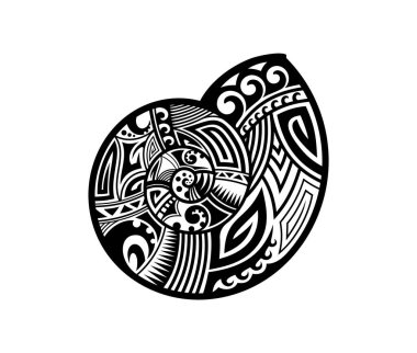 Salyangoz kabuğu Maori kabilesinin hayvan dövmesi. Siyah-beyaz Polinezya etnik motifi. Samoalı, Yeni Zelanda kültür kabilesi işareti, izole edilmiş Hawaii savaşçı sembolü. Geleneksel Pasifik adası baskısı