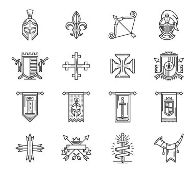 Zırh, arma, flama ve haç sembolleri, vektör seti. Ortaçağ kraliyet simgeleri, oklu kalkan ve taç, şövalye miğferi ve kılıç ve anahtarlı kraliyet arması.