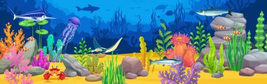 Manta vatozu, kılıçbalığı ve balıklarla oyun geçmişi için sualtı manzarası, çizgi film vektörü. İğneli ve alabalıklı denizanası ve uskumru ya da mercan resifi yosunlarının sualtı manzarasında komik yengeç.