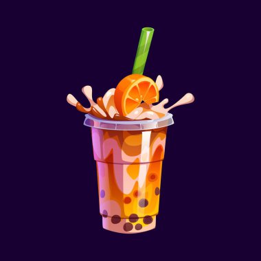 Portakal meyveli sütlü çay fincanı ve milkshake içeceği, çizgi film vektörü. Süt köpüklü çay bardağı veya boba incileri, meyve ve milkshake içeceği için karamel aromalı tatlı içecek.