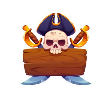 Korsan tabela çerçevesi ya da korsair kafatasının vektör sembolü Kaptan tricorn şapkalı simgesi. Korsan kraliyet simgesi Jolly Roger iskelet kafatası çapraz kılıç ve tahta levha ile