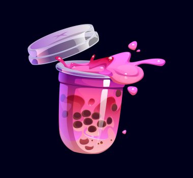 Karikatür sütlü çay fincanı, biraz milkshake, vektör tatlı. Pembe sütlü çay ya da boba incili tatlı içecek ve milkshake ya da tatlı içecek menüsü için meyve ya da böğürtlen aromalı.