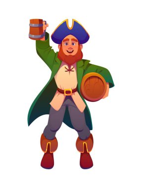 Çizgi film korsan gemisi karakteri ya da romlu Corsair, vektör kişiliği. Karayip korsanı, kayıkçı ya da trikorne şapkalı korsan ya da bira bardağı kadehli korsan.