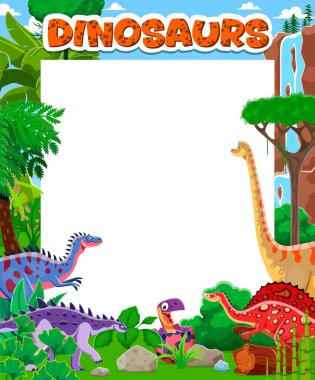 İçinde komik tarih öncesi dinozorlar, Jurasik kertenkeleler ve sürüngenler olan not kağıdı, çizgi film vektörü. Boş arkaplanı, dinazor yumurtasının çerçevesi, tarih öncesi sürüngenler ve orman kertenkeleleri olan kağıt şablonu.