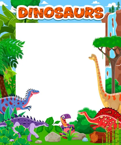 İçinde komik tarih öncesi dinozorlar, Jurasik kertenkeleler ve sürüngenler olan not kağıdı, çizgi film vektörü. Boş arkaplanı, dinazor yumurtasının çerçevesi, tarih öncesi sürüngenler ve orman kertenkeleleri olan kağıt şablonu.