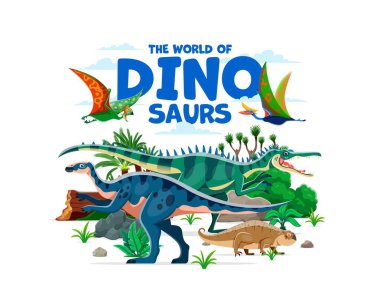 Tarih öncesi dinozor karakterli dinozor dünya pankartı. Vector atlas kitabı ya da hikaye kitabı kapağı verimli yeşillik manzarasında eğlenceli tipografi, taşlar, eğrelti otları ve ağaçlarla eğlenceli çizgi film sürüngenleri ile