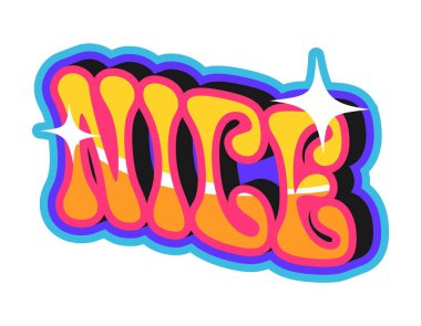 Güzel bir Y2K moda geçmişe ait çıkartma, acayip bir sembol. Retro komik karikatür vektör etiketi, 80 'lerin komik komik çıkartması. 60 'ların hippi Y2K yaması veya pozitif renkli tipografi metniyle şirin etiketi