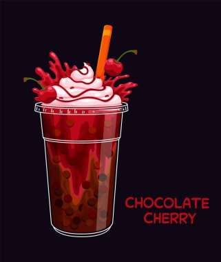 Çikolatalı karikatür sütlü çay bardağı parlak su damlaları ve dutlarla. Canlı kırmızı meyve suyu, tapyoka boba incileriyle şeffaf plastik bardakta pipetle tatlı sıvı içecek.