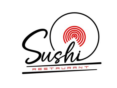 Japon somon balığı restoranı ikonu. Asya mutfağı kafesi, deniz ürünleri restoranı vektörü soyut sembol ya da amblem. Suşi çubuğu grafik simgesi ya da el yazısı hat yazısı ve yemek çubukları ile imzalayın