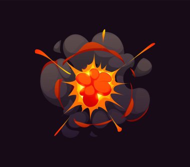 Çizgi roman bomba patlama etkisi, çizgi film yangını ve duman bulutu. Dinamit ya da patlayıcı, duman bulutu ve parıltılarla alev aldı. Bomba ya da el bombası patlaması enerji vektörü patlaması