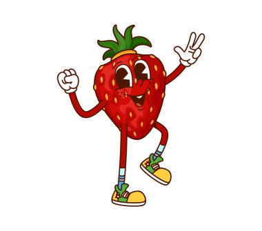 Çizgi filmdeki harika çilek meyveli neşeli karakter. Organik çiftlik meyvesi, sağlıklı beslenme taze meyve izole edilmiş harika vektör kişiliği ya da şirin maskot. Olgun çilekli komik dans karakteri