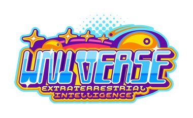 Uzay evreni dünya dışı zeka retro Y2K simgesi ya da amblemi. Galaksi uzayı vintage vektör işareti veya Y2K simgesi. Kainat araştırma amblemi kuyruklu yıldızlar, düşen yıldızlar, fütürist tipografi