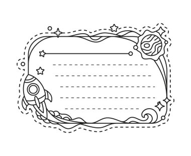 Uzay roketi ve gezegen çocukları not şablonu. Süt ürünleri veya planlayıcı vektör notları doğrusal vektör şablonunu not eder. Uçan uzay aracı ve galaksi gezegeni ile listelenecek ya da albüm çerçevesi oluşturulacak çocuk programı