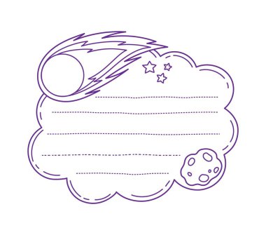 Galaksi uzay kuyruklu yıldızı çocukları not şablonu. Çocuk not defteri, planlayıcı kontrol listesi vektör çerçevesi. Çocuklar ana hatları belirleme sayfası ya da uçan meteor ya da kayan yıldız ile çocuk günlük şablonu