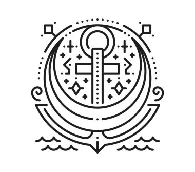 Korsan gemisi ezoterik hat sembolü. Korsan tarot doğrusal vektör işareti, kutsal hat sanatı sembolü taşıyan parlamento engelleyici. Korsan deniz esrarengiz ince çizgi izi ya da çapa ve hilal dövmesi