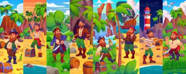 Define adasındaki karikatür korsan karakterleri, vektör kolajı. Rom fıçıları olan Karayip korsanları, tricorn şapkalı kaptan, kaptan, kaptan veya yelkenli ve dürbünlü korsan denizci.