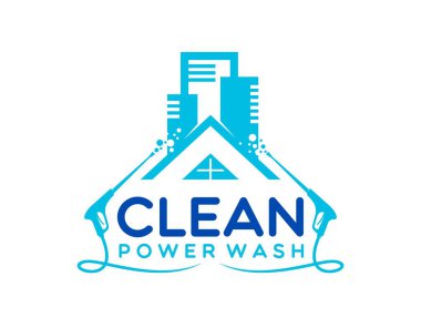 Ev temizleme ikonu, güç basınçlı çamaşır makineli, vektör sembollü. Ev temizliği ve ev yıkama profesyonel bakım servisi amblemi su tabancası ve baloncuklarla.