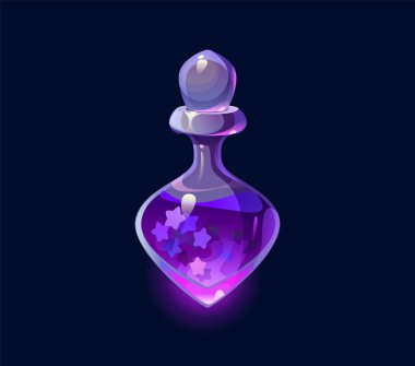 Sihirli iksir şişesi, iksir ve zehir. Çizgi film vektörü mistik şişe canlı mor bir sıvıyla doldurulmuş ve yıldız şekilleriyle süslenmiş, sihirbazlık, simya ve efsanevi macera oyunları için demlenmiş.