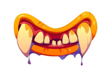 Cadılar Bayramı korkunç canavar ağzı keskin dişleriyle salya akıtıyor. Vampir ya da gulyabani canavar vektör maw, cadılar bayramı canavarı sivri dişli çirkin ağız ve tükürük damlası. Korkunç yaratık kükreyen maw
