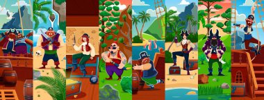 Komik korsan ve denizci çizgi film karakterleri. Kadın korsan kaptan tabanca tutuyor ve hazine avlıyor. Sarhoş neşeli milletvekilleri, kötü korsan denizci plaj vektörü karakteri