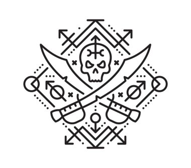 Korsan kılıçlarını ya da kılıçlarını çaprazladı. Korsan yelkenli özel doğrusal vektör baskısı, korsan deniz tarot ana hatları sembolü. Kılıçlı ve insan kafataslı kutsal Corsair dövmesi