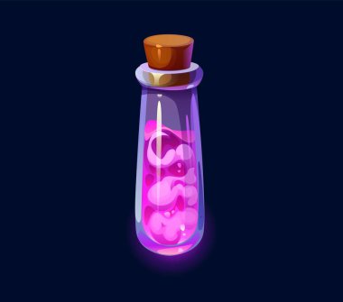 Cadı iksiri şişesi, Cadılar Bayramı zehir şişesi. Sihirbaz ya da simyacı laboratuvar iksiri PC oyun vektör arayüzü varlığı, sihirbaz ya da cadı fantezi karışımı ya da pembe sıvı ile sihirli iksir